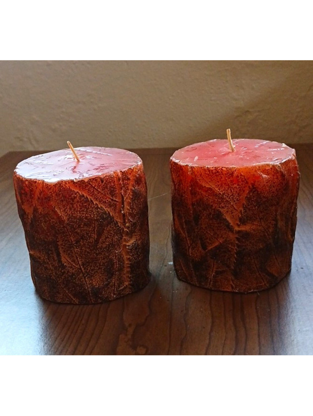 2-Pack Decorative Round Pillar Candles Brown/Red Leaf Pattern Unscented Wax
